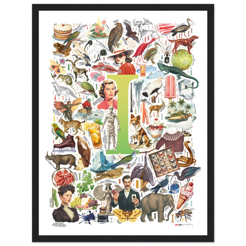 "I is for Imagination" — a Renard Roux alphabet poster with English I words (chartreuse version)