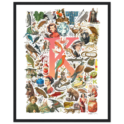 "K is for Keen" — a Renard Roux alphabet poster with English K words (red version)