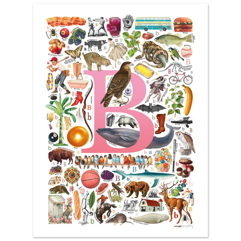 "B is for Brave" — a Renard Roux alphabet poster with English B words (pink version)