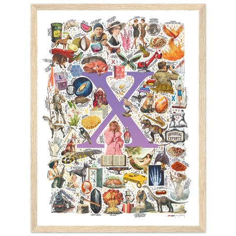 "X is for Xanadu" — a Renard Roux alphabet poster with English X words (purple version)