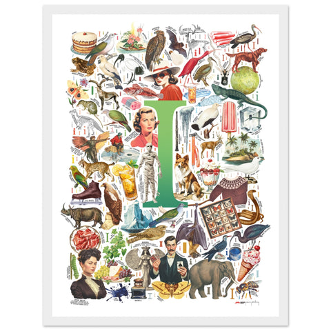 "I is for Imagination" — a Renard Roux alphabet poster with English I words (green version)