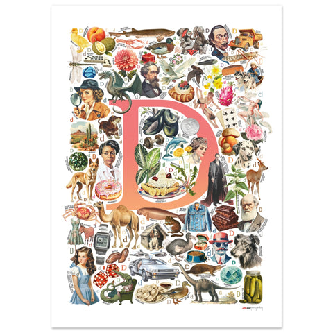"D is for Discovery" — a Renard Roux alphabet poster with English D words (red version)