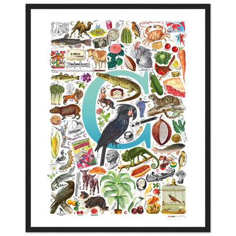 "C is for Curious" — a Renard Roux alphabet poster with English C words (turquoise version)