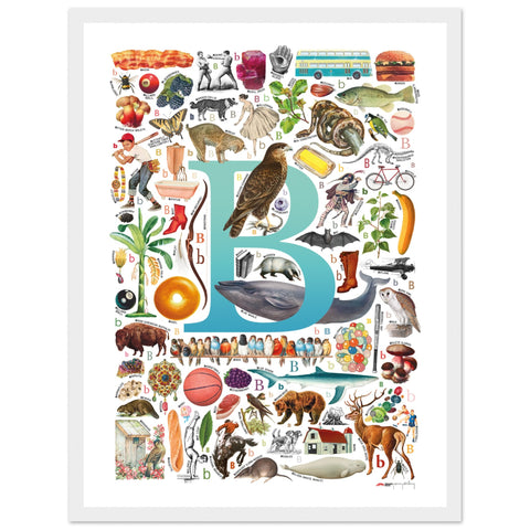 "B is for Brave" — a Renard Roux alphabet poster with English B words (turquoise version)