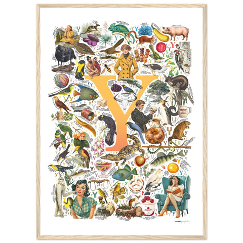 "Y is for Yonder" — a Renard Roux alphabet poster with English Y words (yellow version)