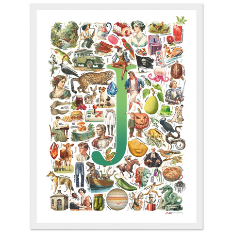 "J is for Journey" — a Renard Roux alphabet poster with English J words (green version)