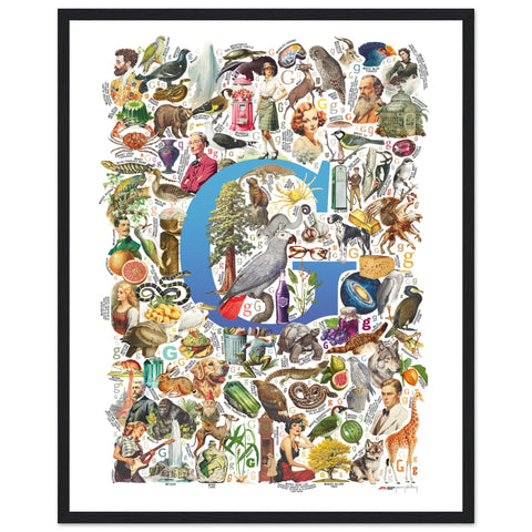 "G is for Great" — a Renard Roux alphabet poster with English G words (blue version)