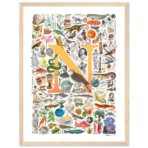 "N is for Nature" — a Renard Roux alphabet poster with English N words (yellow version)