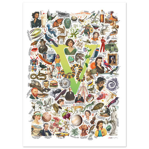 "V is for Voyage" — a Renard Roux alphabet poster with English V words (chartreuse version)