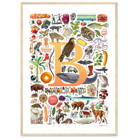 "B is for Brave" — a Renard Roux alphabet poster with English B words (yellow version)