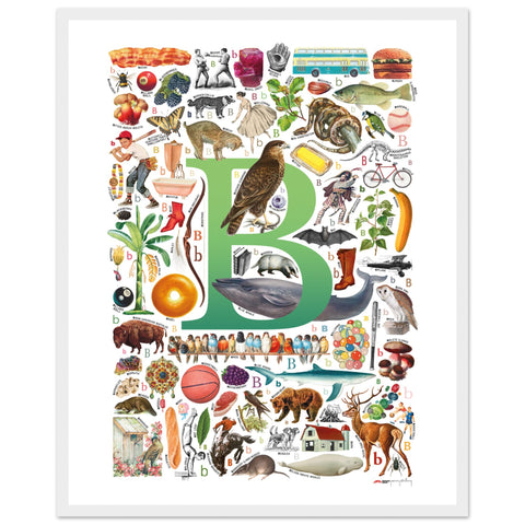 "B is for Brave" — a Renard Roux alphabet poster with English B words (green version)
