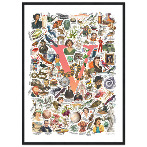 "V is for Voyage" — a Renard Roux alphabet poster with English V words (red version)