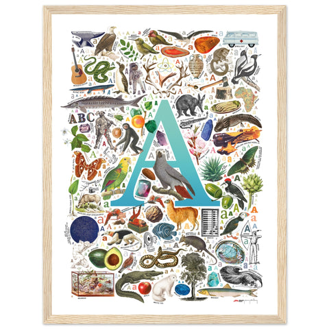 "A is for Adventure" — a Renard Roux alphabet poster with English A words (turquoise version)
