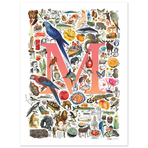 "M is for Magical" — a Renard Roux alphabet poster with English M words (red version)