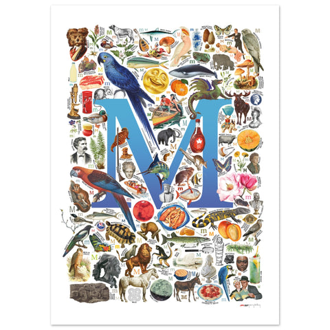 "M is for Magical" — a Renard Roux alphabet poster with English M words (blue version)