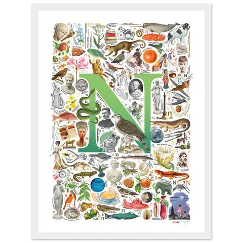 "N is for Nature" — a Renard Roux alphabet poster with English N words (green version)