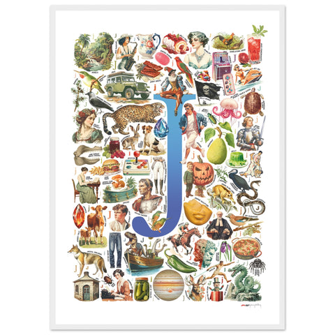 "J is for Journey" — a Renard Roux alphabet poster with English J words (blue version)