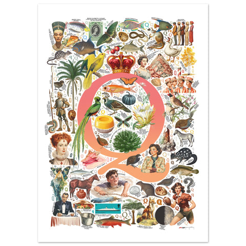 "Q is for Quest" — a Renard Roux alphabet poster with English Q words (red version)