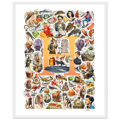 "H is for Heroes" — a Renard Roux alphabet poster with English H words (yellow version)