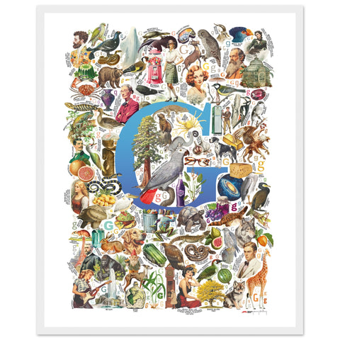 "G is for Great" — a Renard Roux alphabet poster with English G words (blue version)