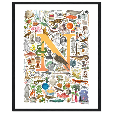 "N is for Nature" — a Renard Roux alphabet poster with English N words (yellow version)