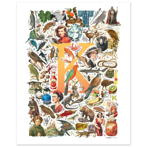 "K is for Keen" — a Renard Roux alphabet poster with English K words (yellow version)
