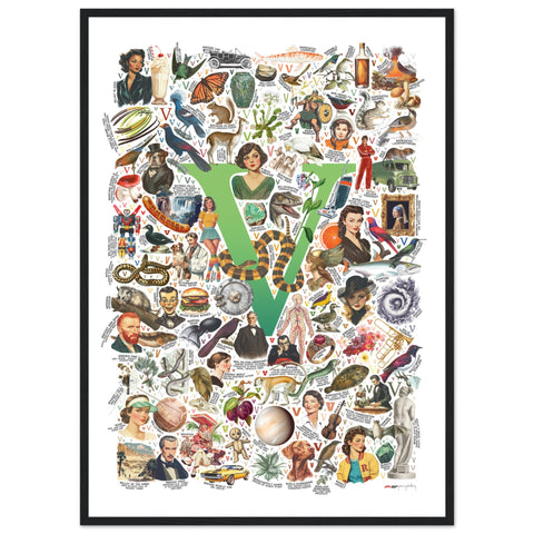 "V is for Voyage" — a Renard Roux alphabet poster with English V words (green version)