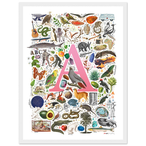"A is for Adventure" — a Renard Roux alphabet poster with English A words (pink version)