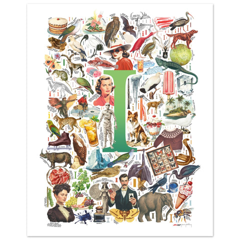"I is for Imagination" — a Renard Roux alphabet poster with English I words (green version)