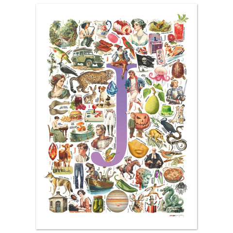 "J is for Journey" — a Renard Roux alphabet poster with English J words (purple version)