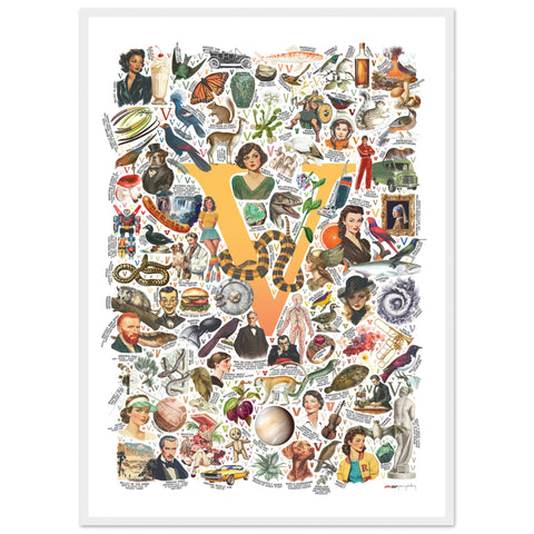 "V is for Voyage" — a Renard Roux alphabet poster with English V words (yellow version)