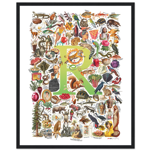 "R is for Remarkable" — a Renard Roux alphabet poster with English R words (chartreuse version)