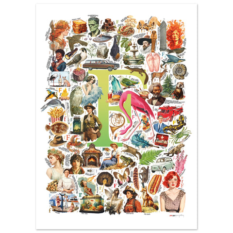 "F is for Festive" — a Renard Roux alphabet poster with English F words (chartreuse version)
