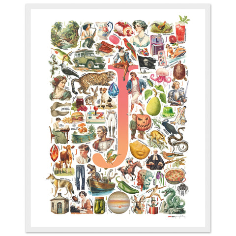 "J is for Journey" — a Renard Roux alphabet poster with English J words (red version)