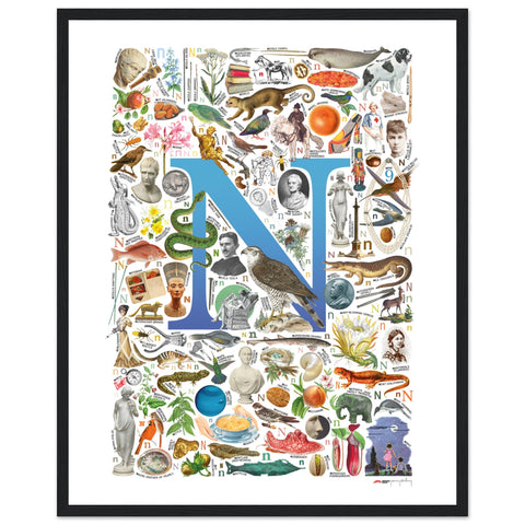 "N is for Nature" — a Renard Roux alphabet poster with English N words (blue version)