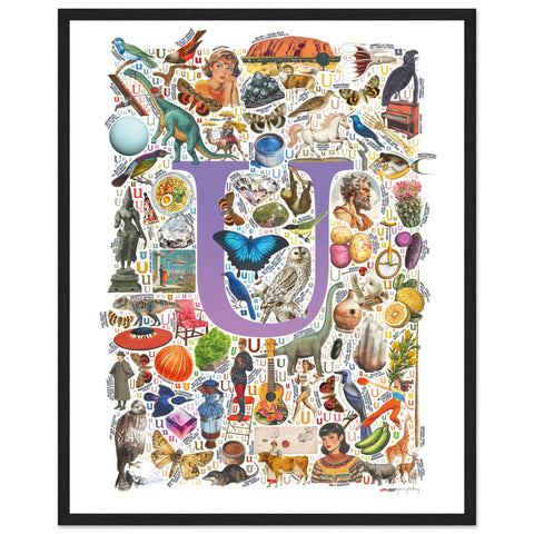 "U is for Unique" — a Renard Roux alphabet poster with English U words (purple version)