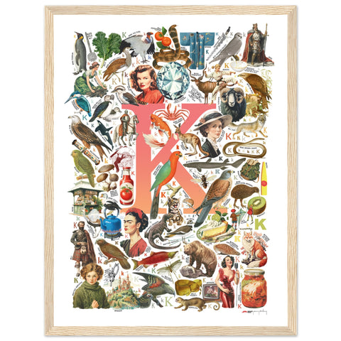 "K is for Keen" — a Renard Roux alphabet poster with English K words (red version)