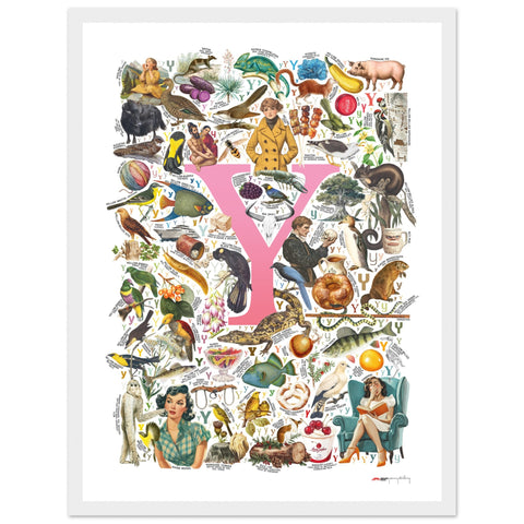 "Y is for Yonder" — a Renard Roux alphabet poster with English Y words (pink version)