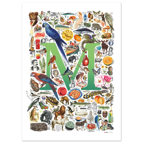 "M is for Magical" — a Renard Roux alphabet poster with English M words (green version)