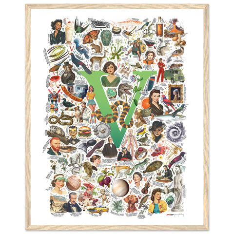 "V is for Voyage" — a Renard Roux alphabet poster with English V words (green version)
