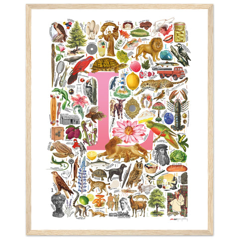 "L is for Learning" — a Renard Roux alphabet poster with English L words (pink version)