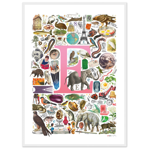 "E is for Explore" — a Renard Roux alphabet poster with English E words (pink version)