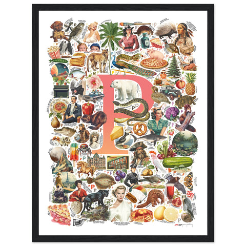 "P is for Pioneer" — a Renard Roux alphabet poster with English P words (red version)