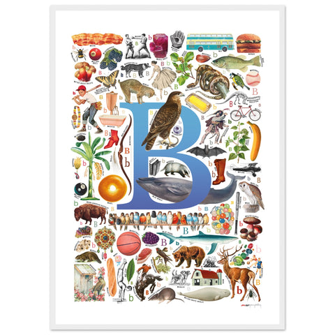 "B is for Brave" — a Renard Roux alphabet poster with English B words (blue version)