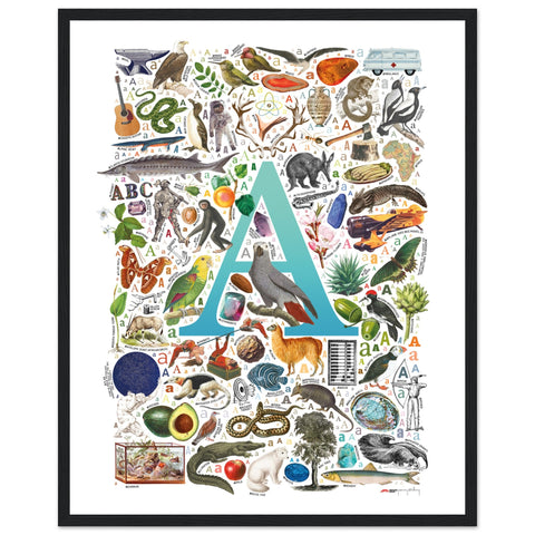 "A is for Adventure" — a Renard Roux alphabet poster with English A words (turquoise version)