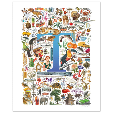 "T is for Treasure" — a Renard Roux alphabet poster with English T words (blue version)