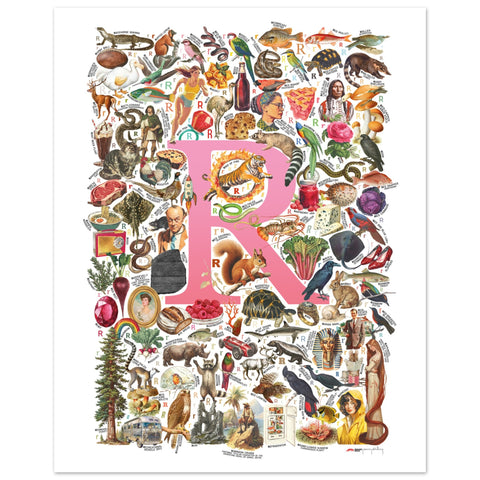 "R is for Remarkable" — a Renard Roux alphabet poster with English R words (pink version)