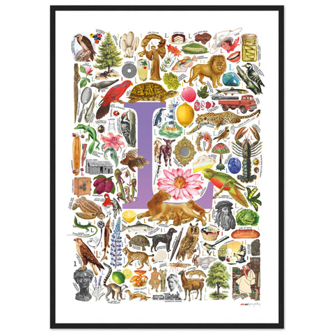"L is for Learning" — a Renard Roux alphabet poster with English L words (purple version)