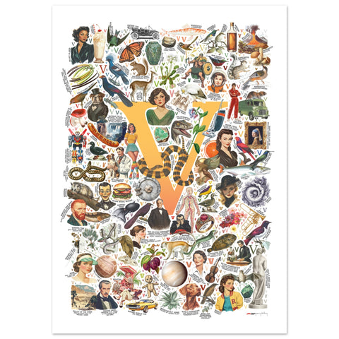 "V is for Voyage" — a Renard Roux alphabet poster with English V words (yellow version)