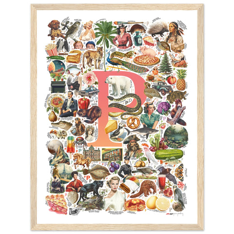 "P is for Pioneer" — a Renard Roux alphabet poster with English P words (red version)